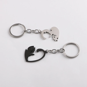 Close-up of interlocking silver and black cat keychain set made of durable stainless steel