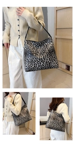 Three-way view of a large leopard print tote bag styled with a chic beige outfit