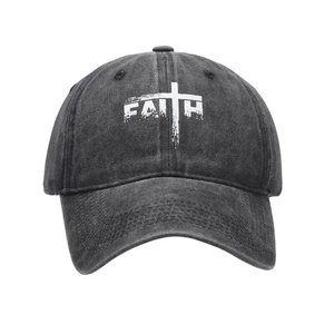 Washed vintage baseball cap in charcoal grey with white FAITH cross embroidery