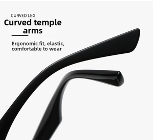 Detail of curved black sunglasses legs showing flexible and ergonomic temple design