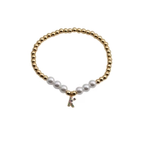 Elegant gold bead and pearl bracelet with colorful rhinestone letter K pendant