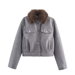 Women's short grey wool jacket with brown faux fur collar and flap pockets