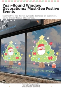 Detailed Christmas tree window decals with Santa motifs on a glass shop storefront