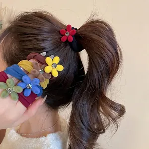 Élastiques à cheveux fleurs floquées avec strass en plusieurs couleurs pour femmes