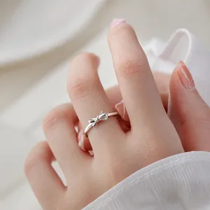 S925 Sterling silver bow-knot open ring for women with minimalist shiny silver finish