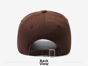 Detail of adjustable metal buckle on dark brown washed cotton baseball cap back view