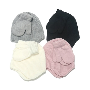 Kids Winter Knit Earflap Hat And Mittens Acrylic Warm Solid Color Outdoor Cold Weather Baby Toddler Accessory