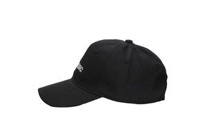 Detail view of black cotton baseball cap showing white line SIC side embroidery