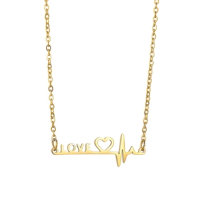 Minimalist gold titanium steel necklace featuring LOVE heart and heartbeat pendant