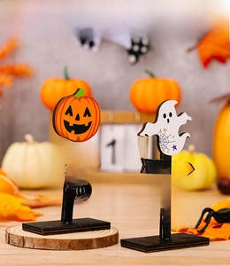 Rustic Halloween wooden directional signs with pumpkin and ghost icons for home decor
