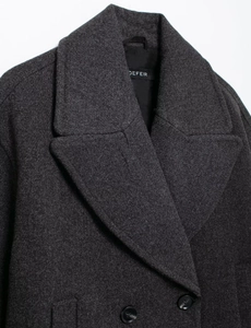 Close-up of the dark grey wool-blend fabric texture and double-breasted buttons on short coat