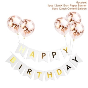 Detail of rose gold confetti balloons and white gold foil Happy Birthday banner set