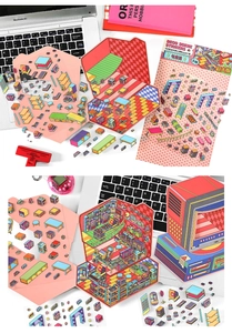 Macro view of retro 2.5D pixel art deco scene stickers with computer furniture