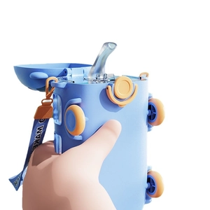 Blue car-shaped kids water bottle with straw and adjustable strap on white background
