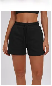 Detail view of premium black women's athletic shorts featuring drawstring elastic waistband