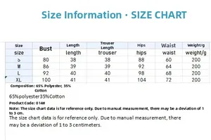 Detailed size chart for women's pajama set including bust and waist measurements in cm