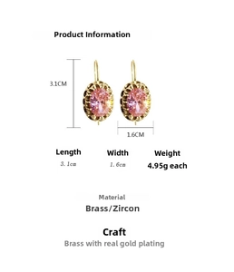 Detailed size chart for pink zircon earrings with 3.1cm length and gold plated brass base