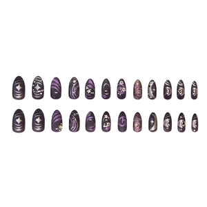 Dark purple pearlescent press-on nails with 3D stars and silver glitter long almond shape