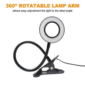 Detail of black LED ring lamp with 360-degree flexible gooseneck arm and USB cable