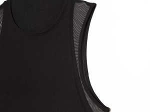 Detail view of the breathable mesh stitching on the black sleeveless fashion dress