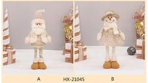 Detail of retractable plush Santa and Snowman dolls in champagne and gold tones