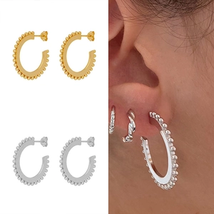 Minimalist S925 silver needle C-shaped hoop earrings with beaded trim in gold and silver