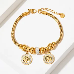 Tree Of Life Pendant Bracelet Stainless Steel Snake Bone Chain Rhinestone Hollow Charm Adjustable Jewelry For Women
