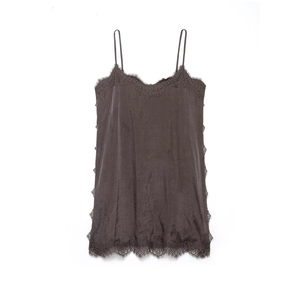 Detail of dark brown satin camisole top with intricate lace trim on white background