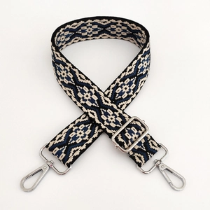 Detail of 3.8cm jacquard ethnic geometric bag strap with silver swivel metal hooks