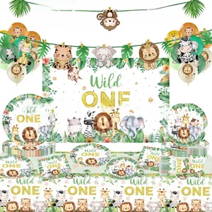 Détails du kit anniversaire jungle Wild One avec ballons animaux et vaisselle jetable