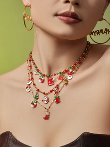 Detail of Christmas themed necklace set with enamel snowman pendants and hoop earrings