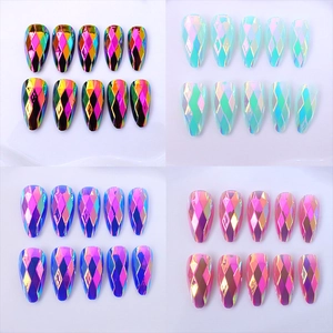 Press On Nails Long Almond Stiletto ABS Holographic Laser 3D Relief Geometric Texture Metallic Aurora For Women