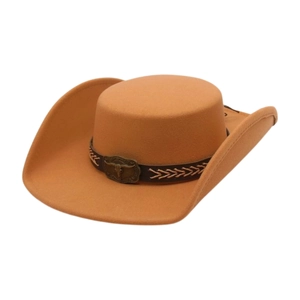 Detail of camel western cowboy hat featuring vintage bull head metal buckle and leather band