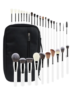 Set professionale di 28 pennelli per trucco bianchi con custodia nera da viaggio
