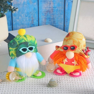 Pair of summer beach gnome plush dolls with sunglasses and beer mugs decorations
