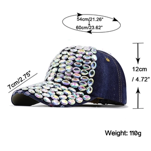 Deep blue denim baseball cap with sparkling rhinestones and dimension specifications