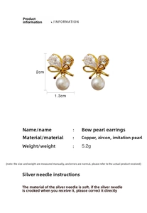 Détails des boucles d'oreilles nœud avec perles et zircons, taille 2cm x 1.3cm et poids 5.2g