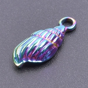 Macro view of iridescent rainbow shell pendant with metallic luster and top loop