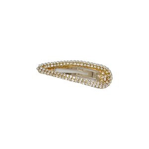 Detailed view of teardrop rhinestone hair clip with three rows of sparkling crystals
