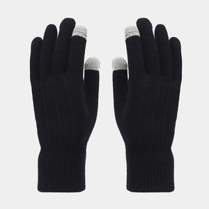 Close-up of black knitted gloves featuring grey touchscreen fingertips and ribbed cuffs