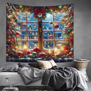 Cozy bedroom setting featuring a large festive Christmas tapestry hanging on a gray wall