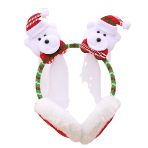 Christmas plush headband featuring bear with Santa hat and warm faux fur earmuffs