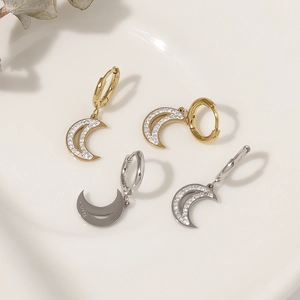 Polished stainless steel moon earrings with zircon inlay in gold and silver finishes