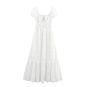 White Lace Maxi Dress Off Shoulder Puff Sleeve Square Neck Tiered Elegant Solid Color For Women