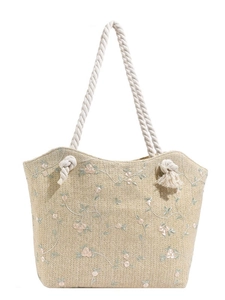Sac fourre-tout en paille beige avec broderie florale et anses en corde crème