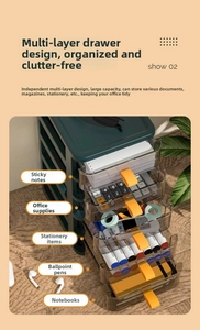 Detail of a 4-tier desktop storage box with clear drawers and orange pull handles