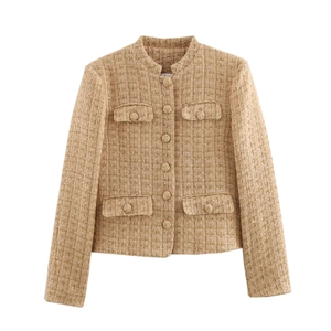 Classic khaki tweed jacket for women featuring round neck and four flap pockets