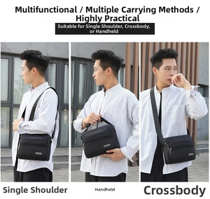 Detailed view of black multi-zipper nylon crossbody bag showing shoulder and handbag carry styles