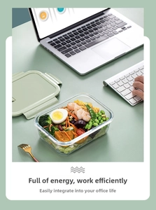 Rectangle glass lunch box with healthy salad and leak-proof lid for office lunch