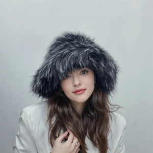 Detailed texture of thick faux raccoon fur on a punk style winter hat for women